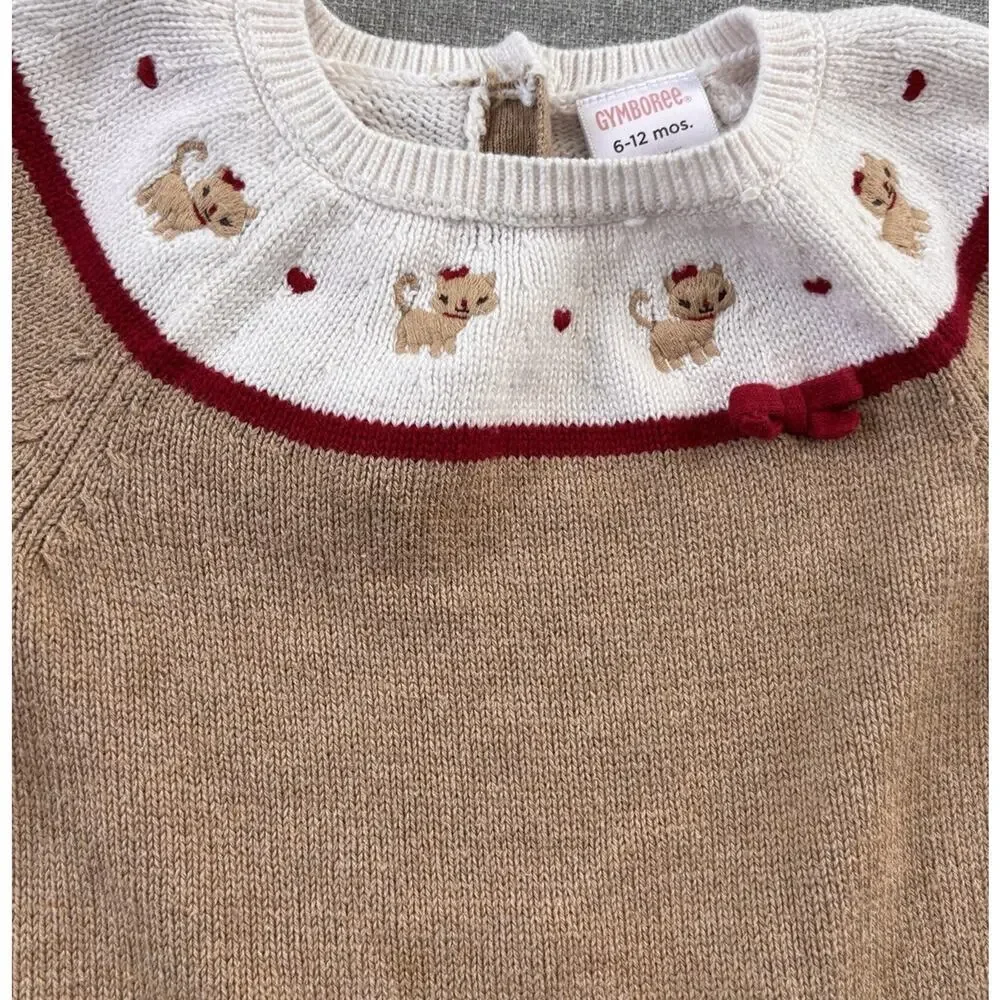 Gymboree Toddler Girls Kitty Cat Heart Sweater dress Tan 6-12mo Bow